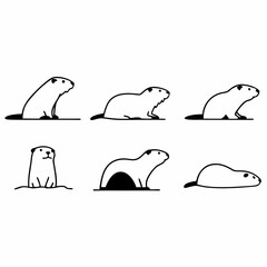Collection of groundhog illustrations, featuring cute marmots in various poses and actions