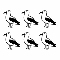 Group of six cartoon seagulls in various poses, vector illustration