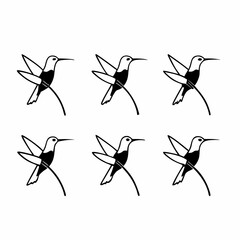 Six hummingbird illustrations on branch, showcasing delicate wings and elegant beaks