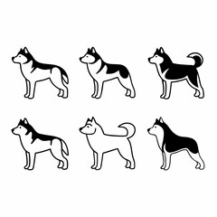 Collection of six husky dog icons in black and white vector illustration