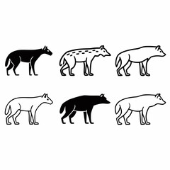 Collection of six hyena icons in black and white vector illustration
