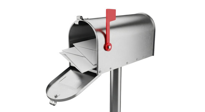 Isolated silver mailbox on a metal pole with red flag and open door stuffed with letters