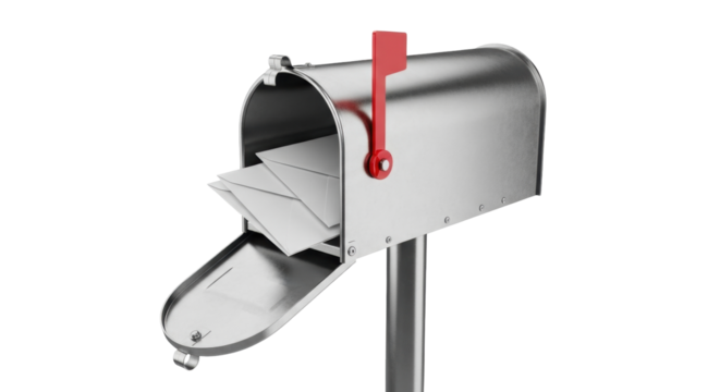 Isolated silver mailbox on a metal pole with red flag and open door stuffed with letters