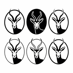 Set of springbok head icons in circle frames, showcasing various graphic styles