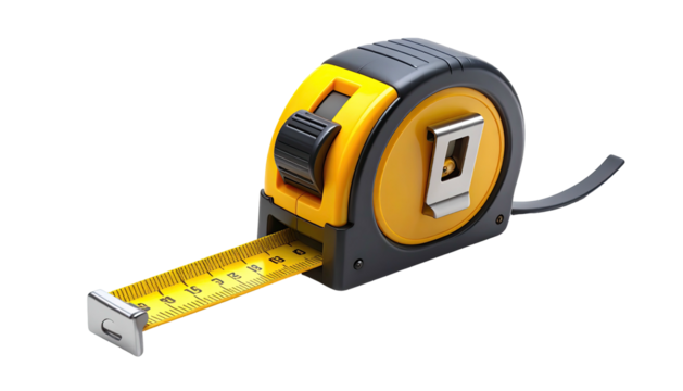 Bright yellow and black tape measure extending from its case against a black background