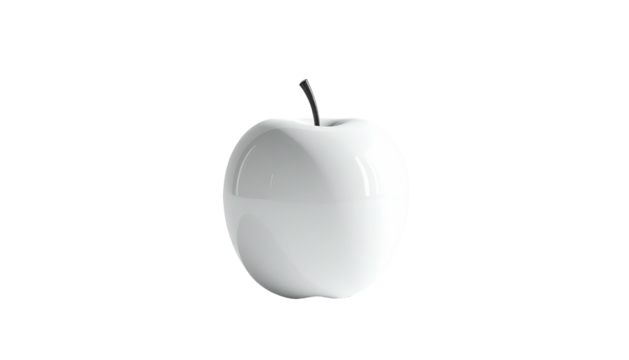 A glossy white apple with a dark stem on a black background