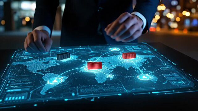 Man managing global logistics network on interactive virtual screen, optimizing supply chain with modern technology footage. - Powered by Adobe