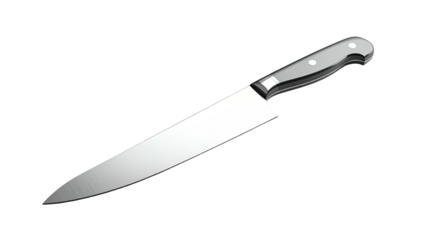 Shiny chef's knife angled on a dark background, blade reflecting light