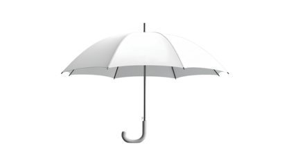 White umbrella opened, isolated on black background, with handle and structure visible