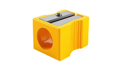 Vivid yellow pencil sharpener against black. Metallic blade, circular hole. 3D render
