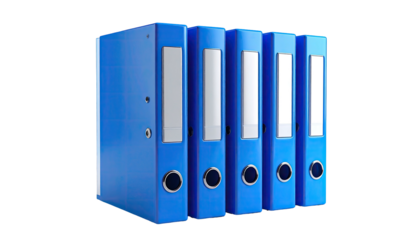 A row of blue binders, labeled, standing upright on a black background
