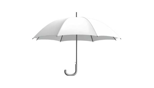 White umbrella opened, isolated on black background, with handle and structure visible