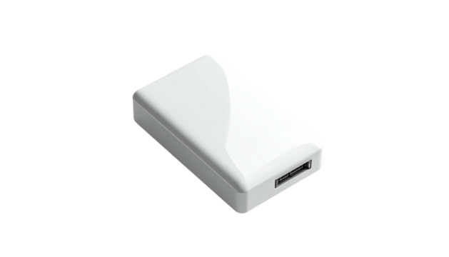 White rectangular tech device with rounded corners, black port, on black background