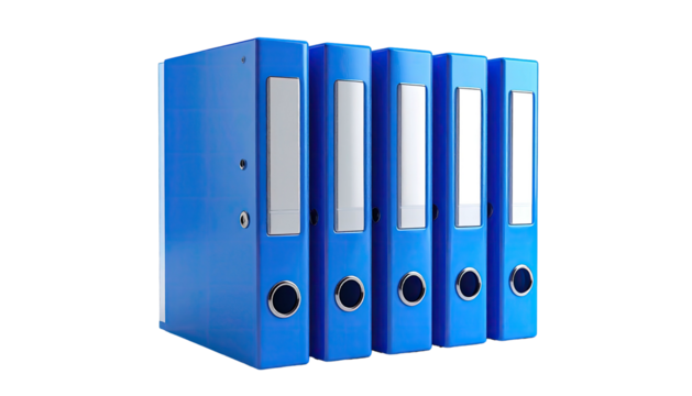 A row of blue binders, labeled, standing upright on a black background