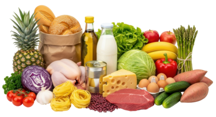 Isolated assortment of diverse food items, nutrition, healthy eating, balanced diet, shopping