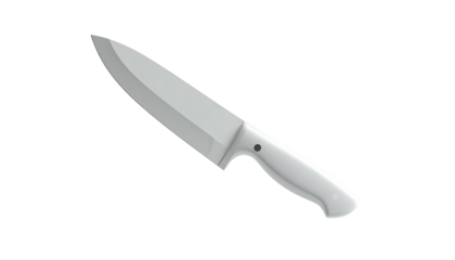 Isolated, angled, chef's knife with a white blade and handle against a black backdrop