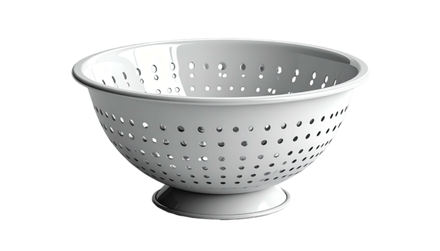 White, bowl-shaped kitchen tool, with numerous evenly-spaced holes, on a dark background