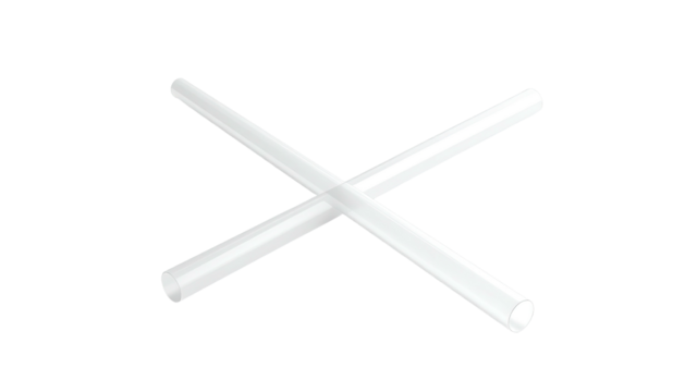 Two transparent, cylindrical objects crossing each other, set against black