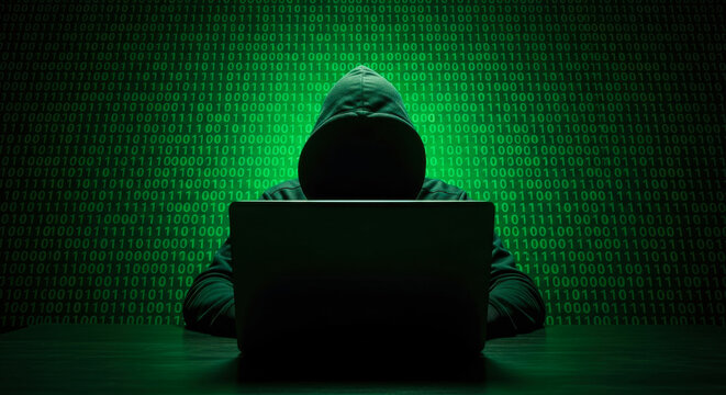 Hooded figure typing on laptop against green binary code background hacker anonymous