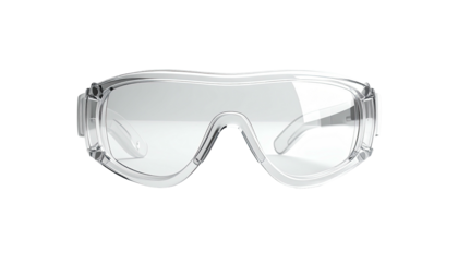 Close-up of transparent safety glasses, clear lenses and frames, on a black background