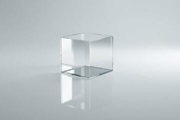 Fototapeta premium Transparent cube floating above reflective white surface, minimalistic geometric shape, modern clean design, clear glass material, abstract concept, calm serene atmosphere