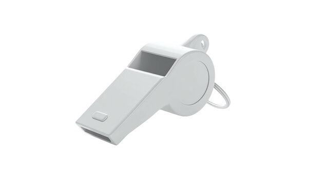 A digitally rendered white whistle rests at an angle against a black background
