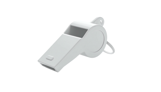 A digitally rendered white whistle rests at an angle against a black background - Powered by Adobe