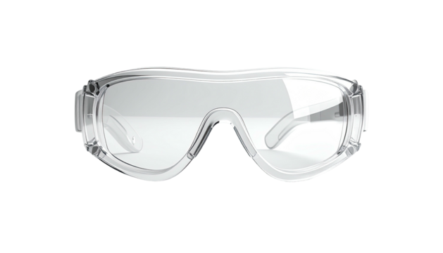 Close-up of transparent safety glasses, clear lenses and frames, on a black background