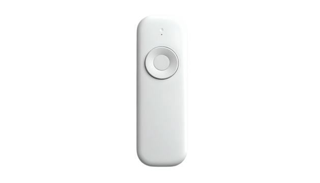 Sleek, white, handheld device with a circular button and rounded corners