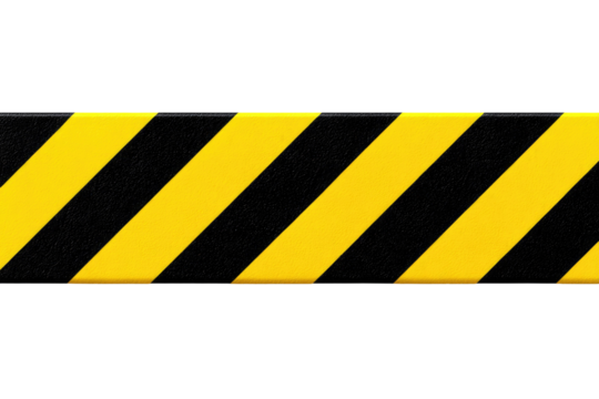 A vibrant horizontal strip featuring diagonal black and yellow hazard warning stripes, signaling caution or a restricted area, on a transparent background. background removed
