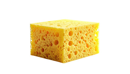 Yellow, porous cube sponge on a black background with visible texture and light