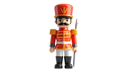 Cartoonish red toy soldier with mustache, standing at attention, holding a rifle
