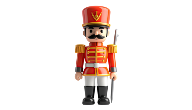 Cartoonish red toy soldier with mustache, standing at attention, holding a rifle
