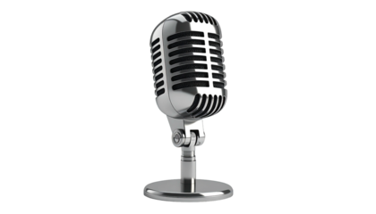 Shiny retro microphone stands against a black background