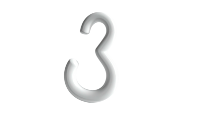 A glossy, three-dimensional, silver-white number three floats on black