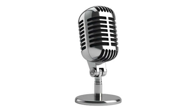 Shiny retro microphone stands against a black background