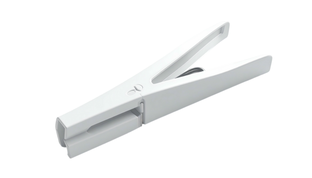 White, plastic clip-like object, open and angled, against a black background