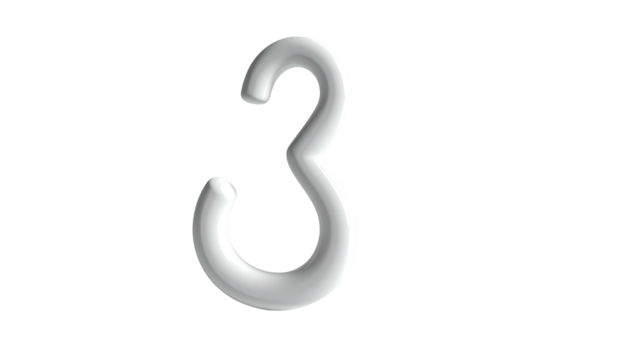 A glossy, three-dimensional, silver-white number three floats on black