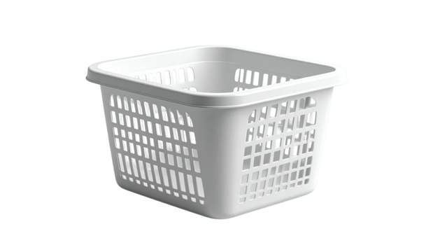 A white, square-shaped plastic laundry basket with a grid pattern, set against black