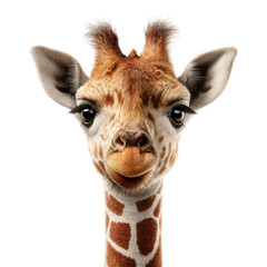 Obraz premium A captivating close-up portrait of a cute baby giraffe's head and neck, showcasing its distinctive features and spotted fur on black. background removed