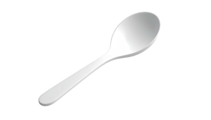 Isolated white plastic spoon on a black background, angled, with a slight shadow