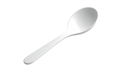 Isolated white plastic spoon on a black background, angled, with a slight shadow