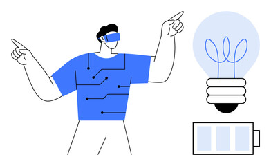 VR user pointing interactively, with circuit-filled shirt, lightbulb symbolizing innovation, battery for power. Ideal for technology, virtual reality, creativity, energy, innovation futurism