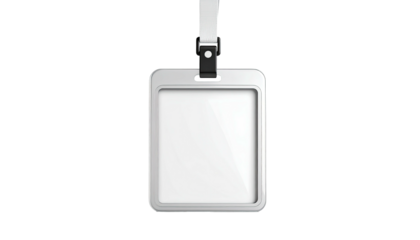 A blank, rectangular employee badge with a black clip and a white lanyard, isolated