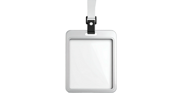 A blank, rectangular employee badge with a black clip and a white lanyard, isolated