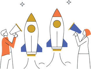 Two people announce the launch of rockets vector illustration in flat design representing business startup and promotion