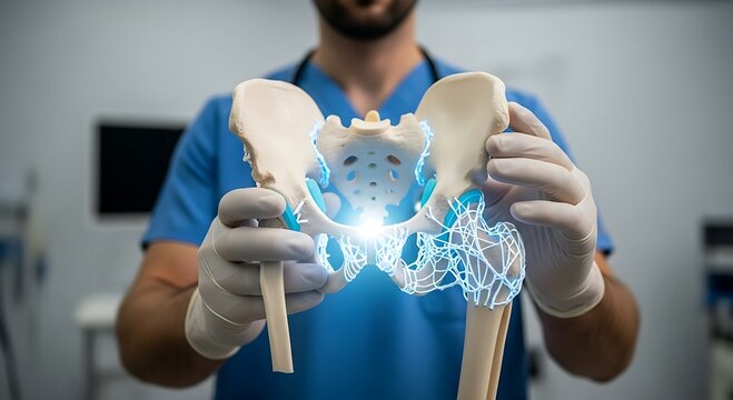 Orthopedic Doctor Holds a Pelvic Model with Advanced Digital Overlay. Futuristic Healthcare, Medical Technology, and Anatomy Study for Hip and Joint Pain Diagnosis.