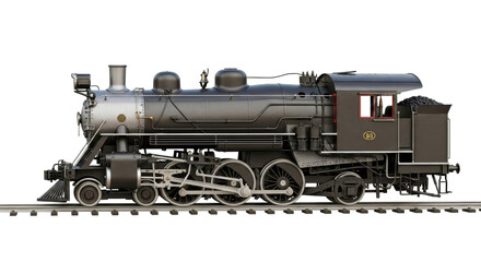 Isolated antique railroad steam locomotive train on tracks, detailed design, black and gray © Fernando