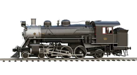 Isolated antique railroad steam locomotive train on tracks, detailed design, black and gray