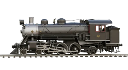 Fotobehang Vintage Isolated antique railroad steam locomotive train on tracks, detailed design, black and gray  © Fernando